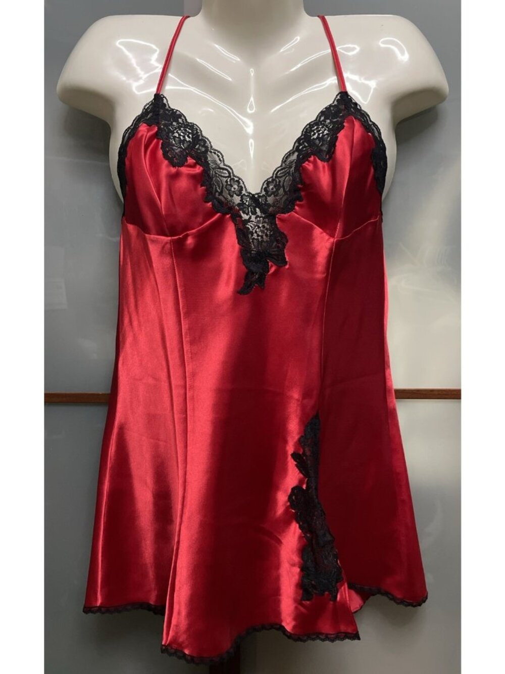 Fredericks Of Hollywood Vintage Large Red Satin Black Lace Slip Dress Nightgown